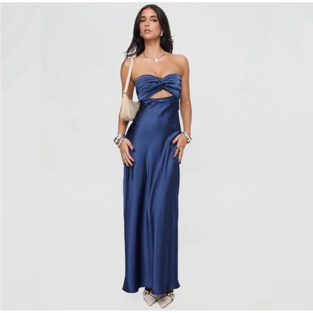 NWT Princess Polly Faviola Strapless Blue Liquid Satin Front Cut Out Maxi Dress
